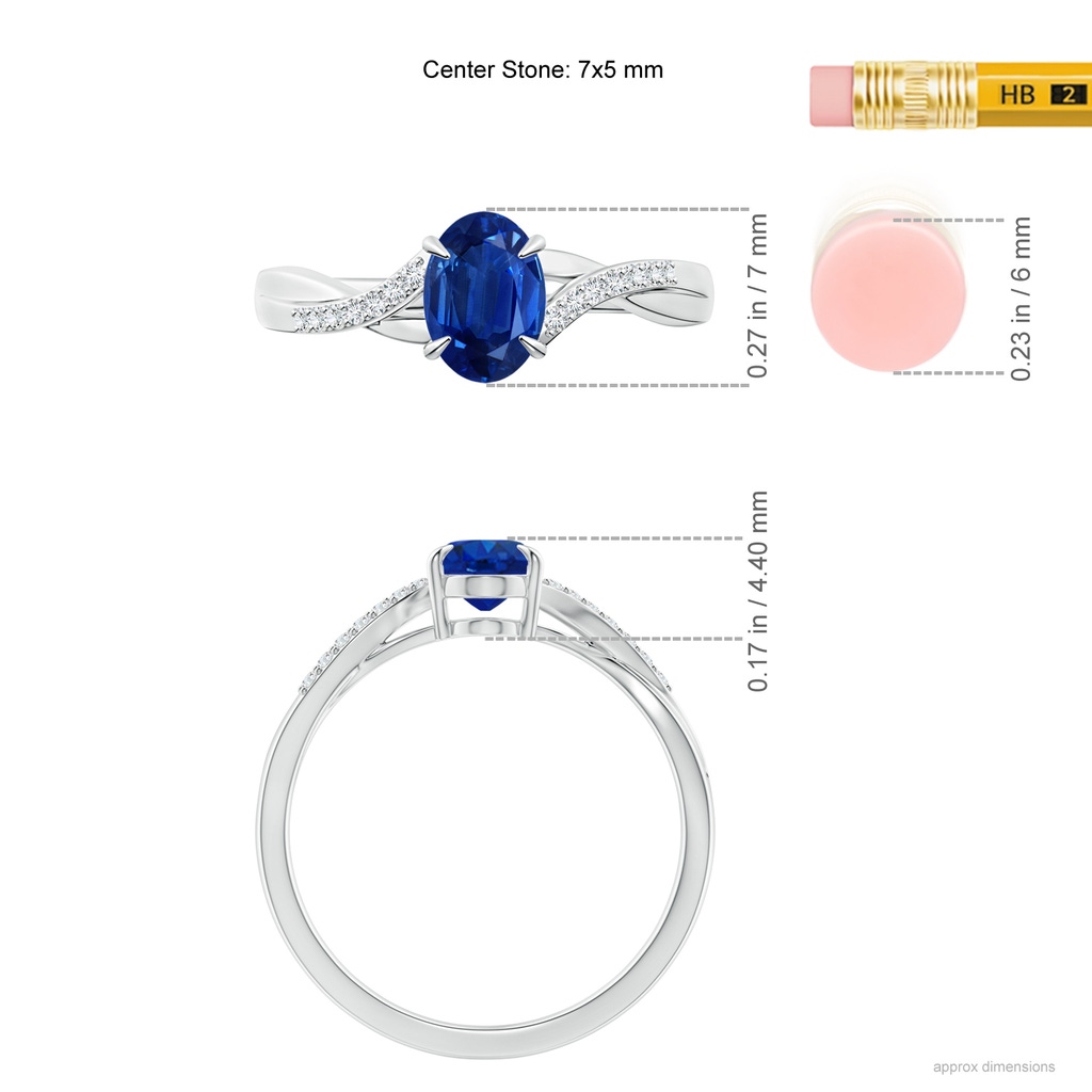 7x5mm AAA Oval Blue Sapphire Split Shank Ring with Diamond Accents in White Gold Ruler