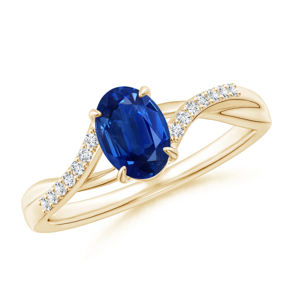 7x5mm AAA Oval Blue Sapphire Split Shank Ring with Diamond Accents in Yellow Gold 
