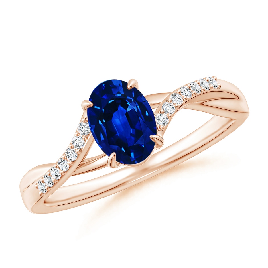 7x5mm AAAA Oval Blue Sapphire Split Shank Ring with Diamond Accents in Rose Gold 