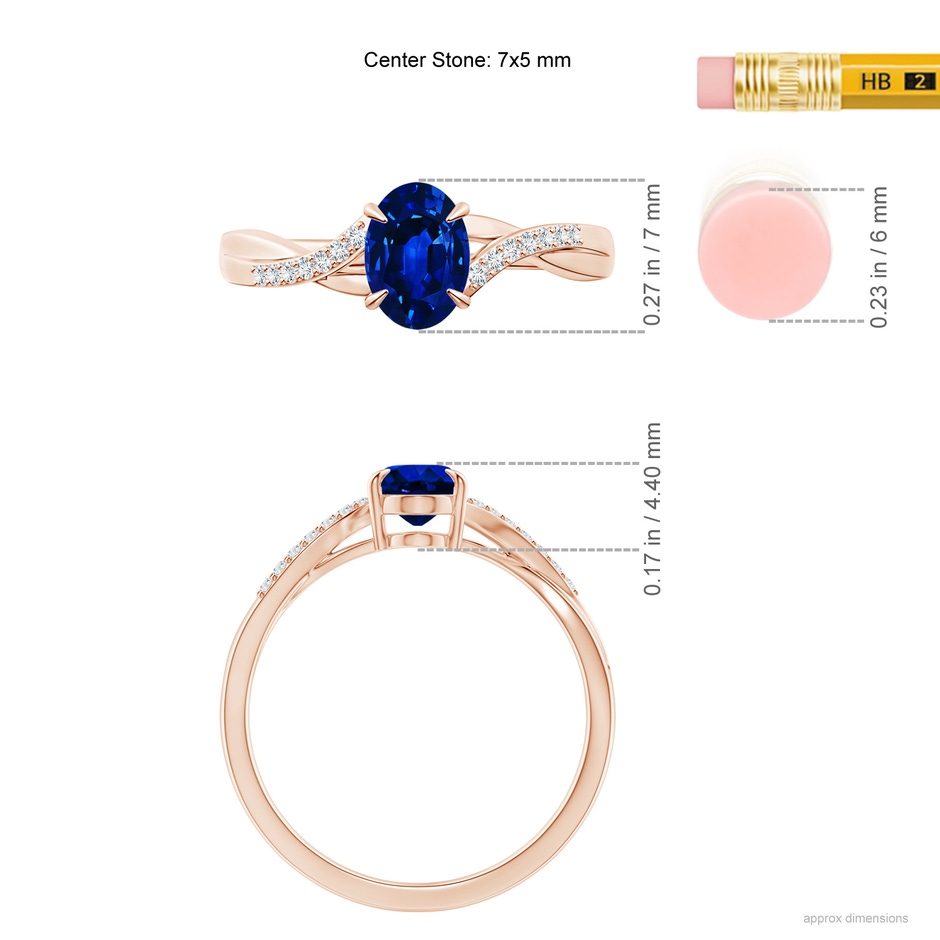 7x5mm AAAA Oval Blue Sapphire Split Shank Ring with Diamond Accents in Rose Gold ruler
