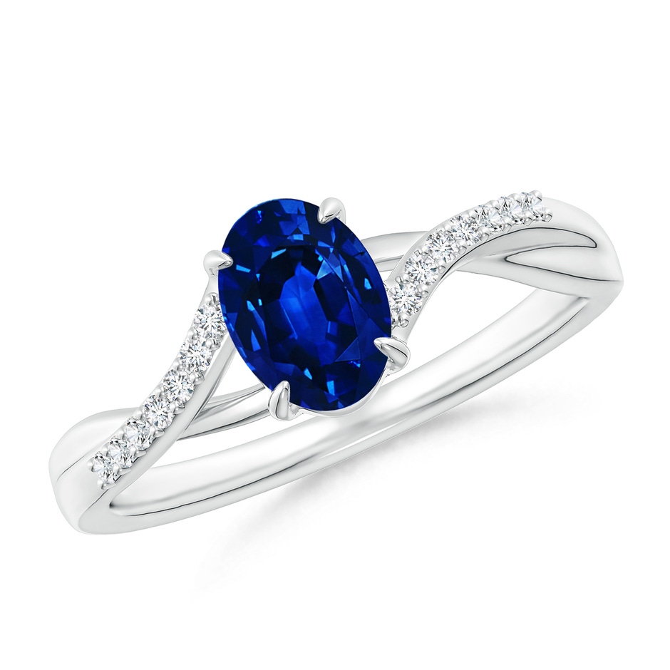 7x5mm Lab-Grown Oval Blue Sapphire Split Shank Ring with Diamond Accents in White Gold 