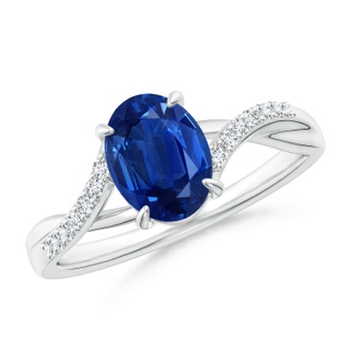 8x6mm AAA Oval Blue Sapphire Split Shank Ring with Diamond Accents in White Gold