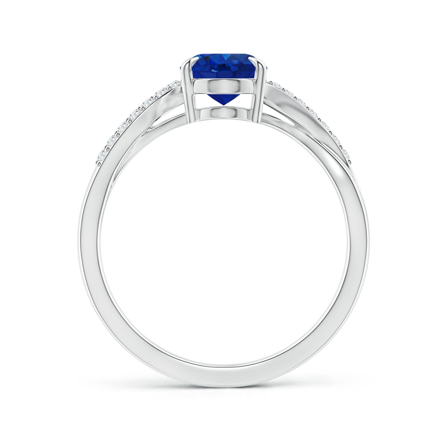 8x6mm AAA Oval Blue Sapphire Split Shank Ring with Diamond Accents in White Gold - side 3