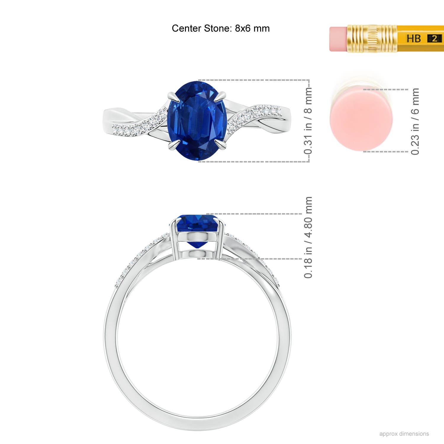 8x6mm AAA Oval Blue Sapphire Split Shank Ring with Diamond Accents in White Gold - ruler