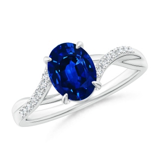 8x6mm AAAA Oval Blue Sapphire Split Shank Ring with Diamond Accents in White Gold