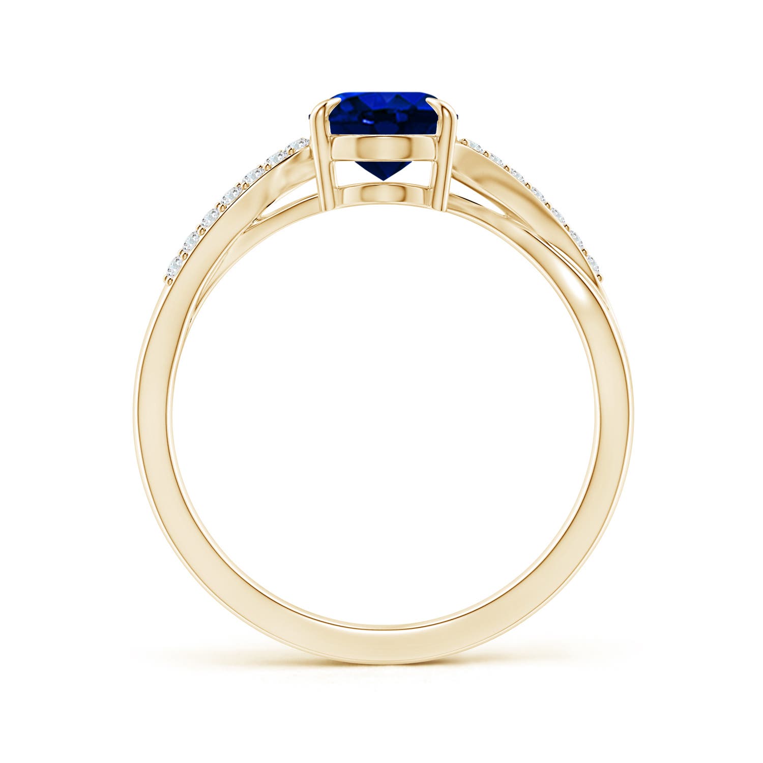 8x6mm AAAA Oval Blue Sapphire Split Shank Ring with Diamond Accents in Yellow Gold