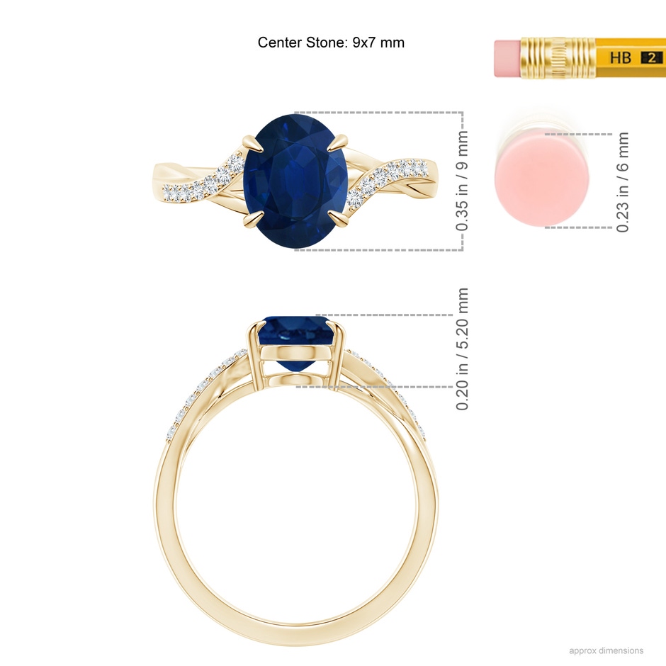 9x7mm AA Oval Blue Sapphire Split Shank Ring with Diamond Accents in Yellow Gold ruler