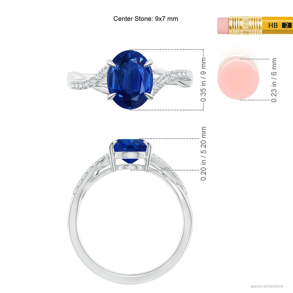 9x7mm AAA Oval Blue Sapphire Split Shank Ring with Diamond Accents in P950 Platinum ruler