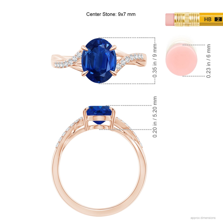 9x7mm AAA Oval Blue Sapphire Split Shank Ring with Diamond Accents in Rose Gold ruler