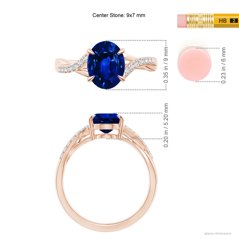 9x7mm AAAA Oval Blue Sapphire Split Shank Ring with Diamond Accents in Rose Gold ruler