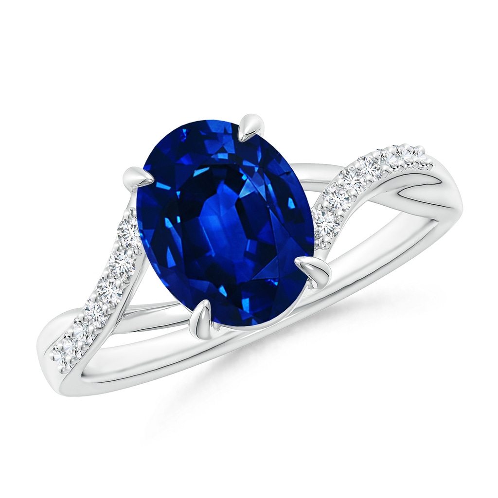 9x7mm Lab-Grown Oval Blue Sapphire Split Shank Ring with Diamond Accents in White Gold