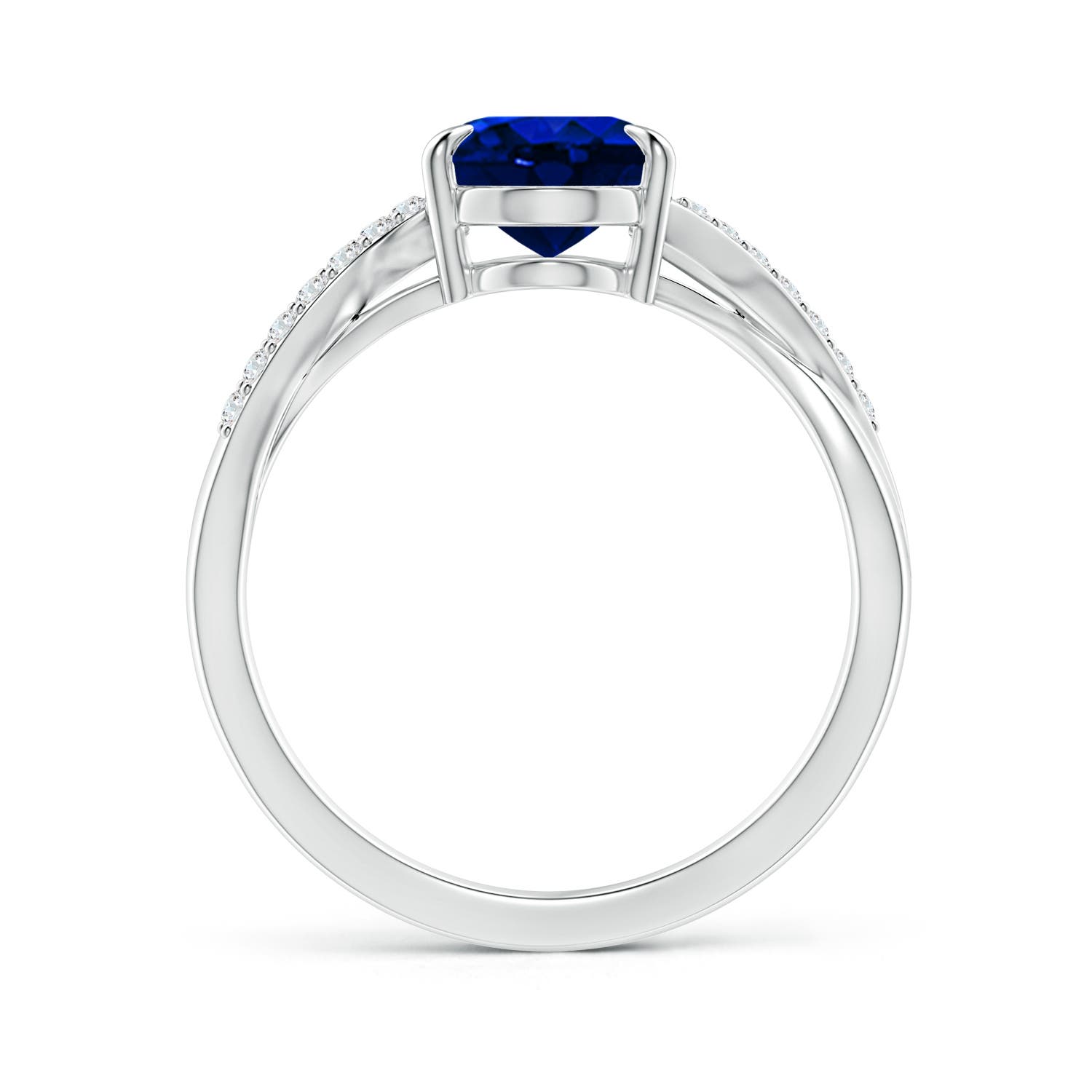 9x7mm AAAA Oval Blue Sapphire Split Shank Ring with Diamond Accents in White Gold - side 2