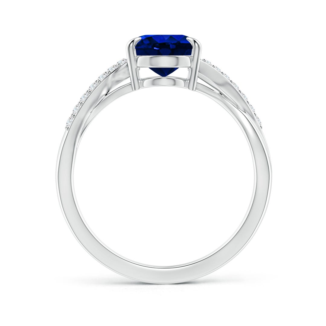 9x7mm AAAA Oval Blue Sapphire Split Shank Ring with Diamond Accents in White Gold - side 2