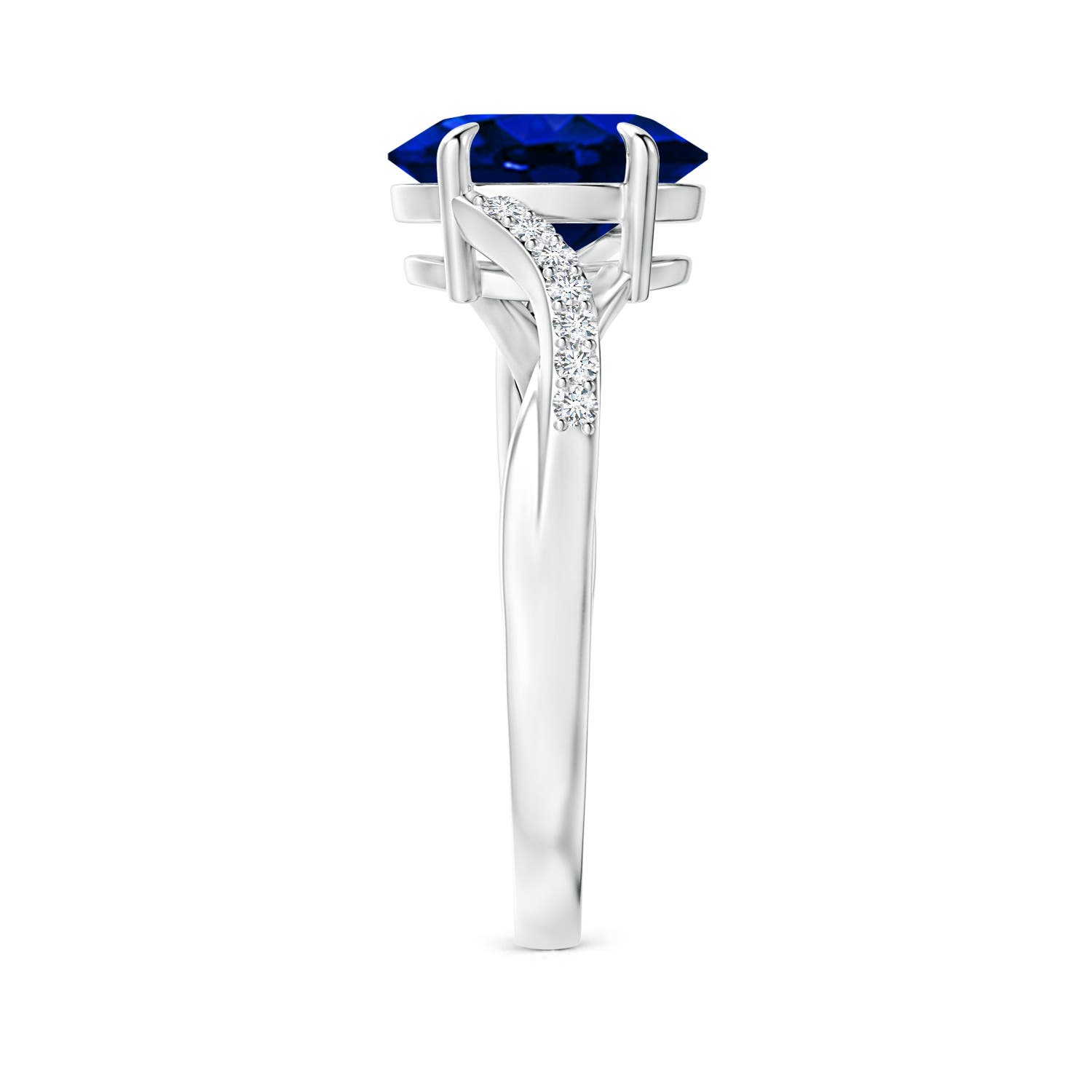 9x7mm AAAA Oval Blue Sapphire Split Shank Ring with Diamond Accents in White Gold - side 3