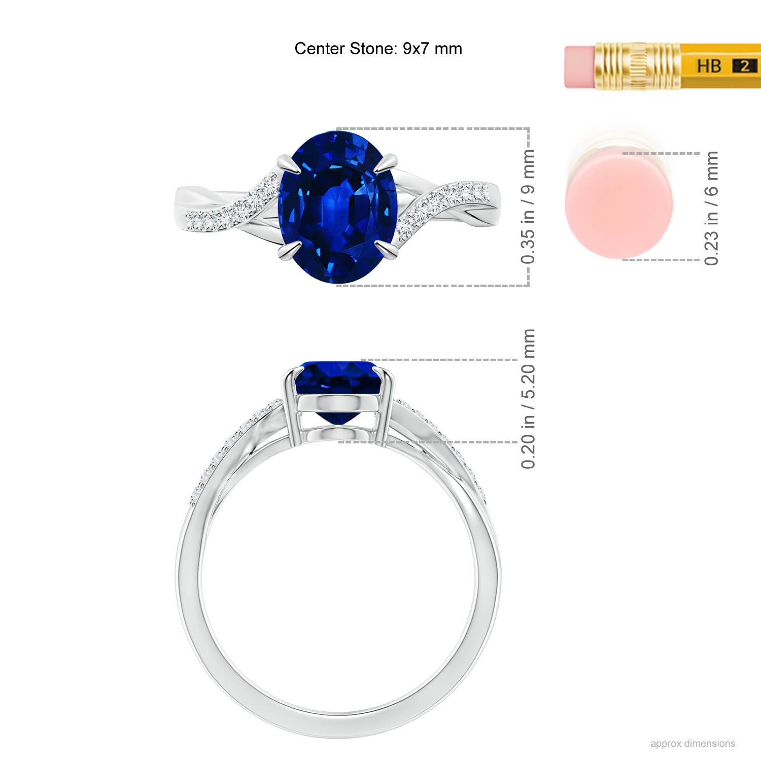 9x7mm AAAA Oval Blue Sapphire Split Shank Ring with Diamond Accents in White Gold - ruler