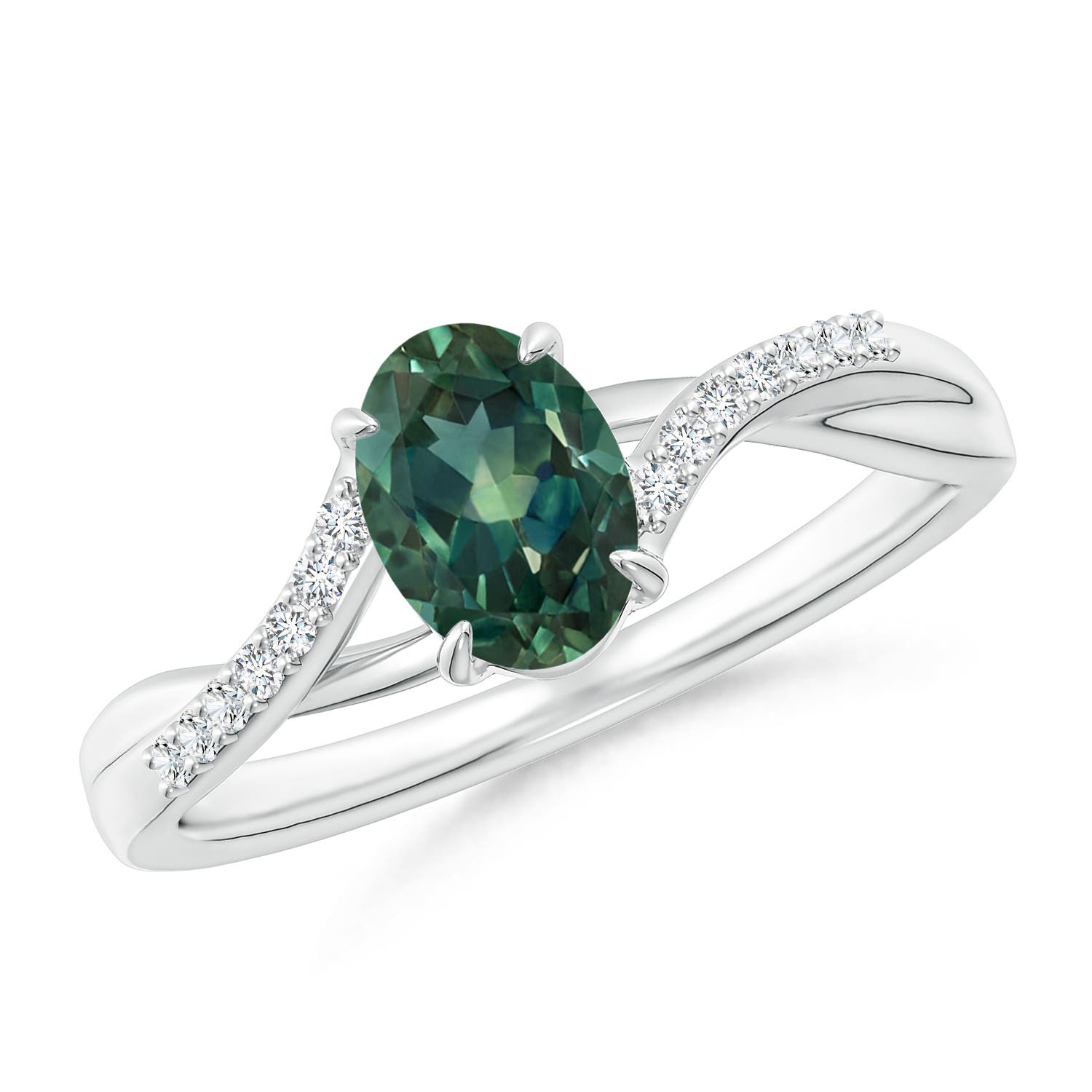 7x5mm AA Oval Teal Montana Sapphire Split Shank Ring with Diamond Accents in P950 Platinum