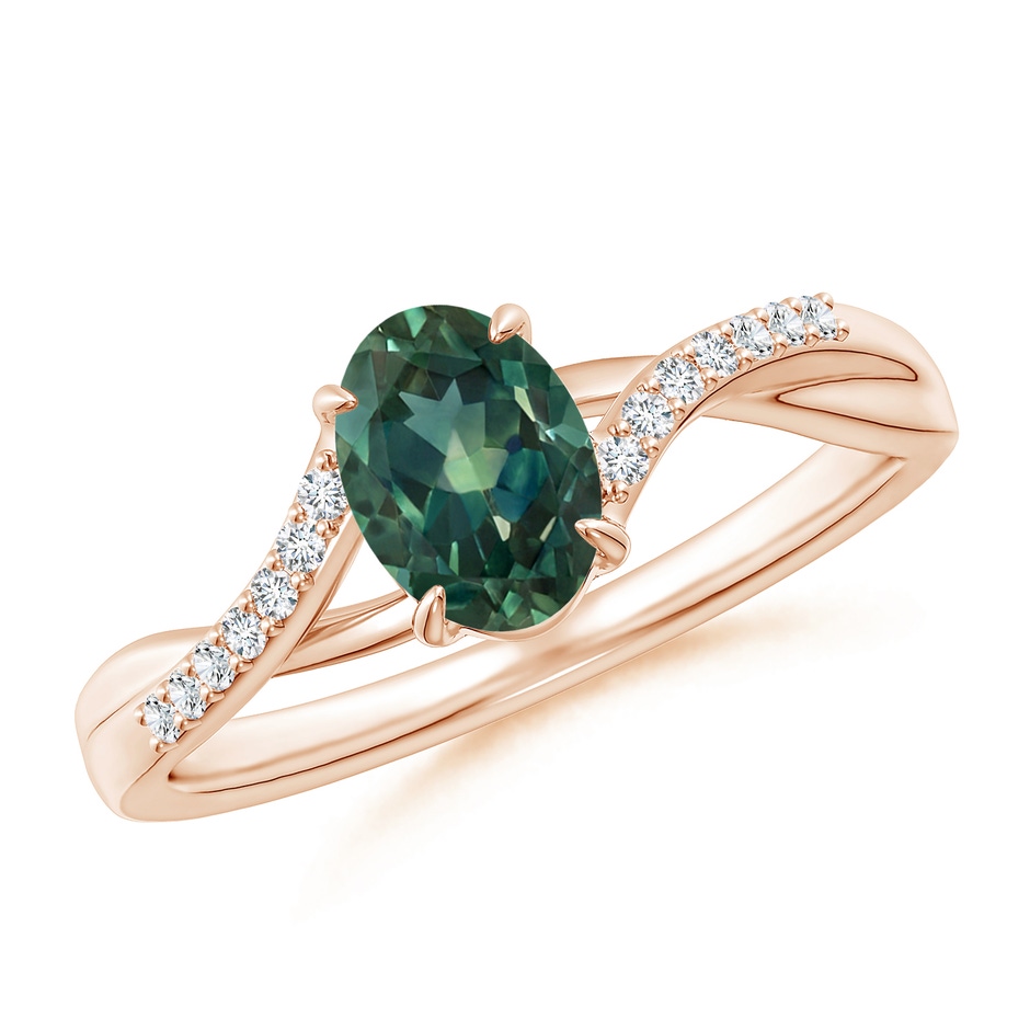 7x5mm AA Oval Teal Montana Sapphire Split Shank Ring with Diamond Accents in Rose Gold 