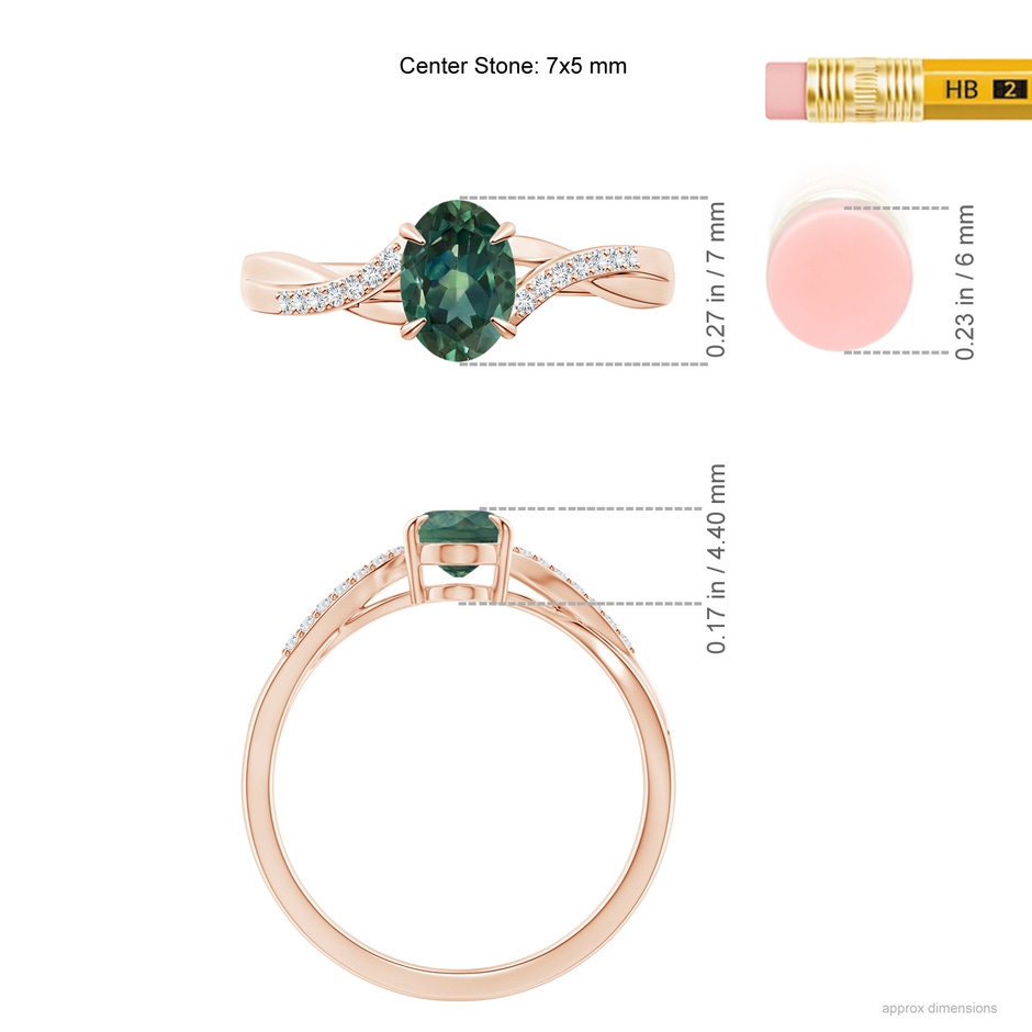 7x5mm AA Oval Teal Montana Sapphire Split Shank Ring with Diamond Accents in Rose Gold ruler