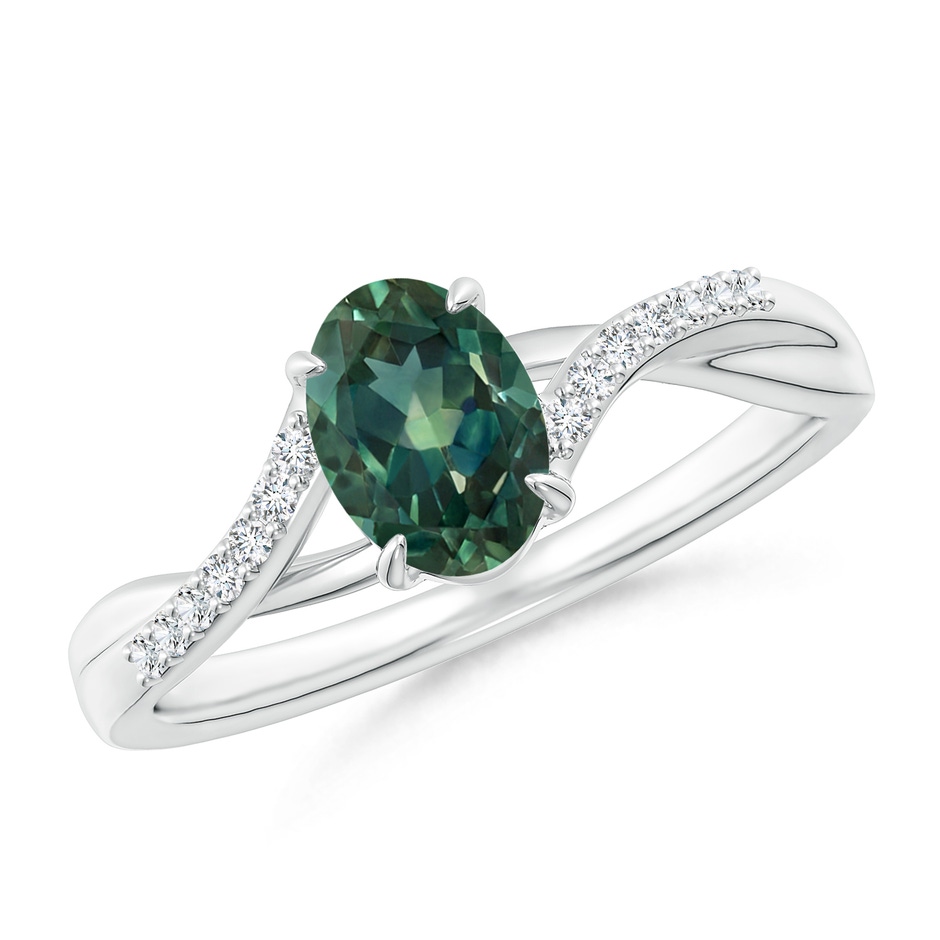 7x5mm AA Oval Teal Montana Sapphire Split Shank Ring with Diamond Accents in White Gold 