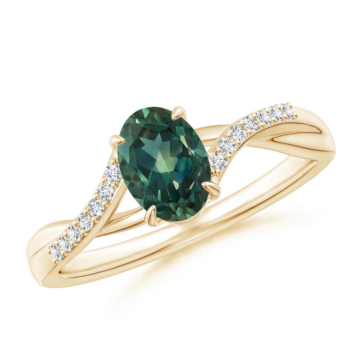 7x5mm AA Oval Teal Montana Sapphire Split Shank Ring with Diamond Accents in Yellow Gold