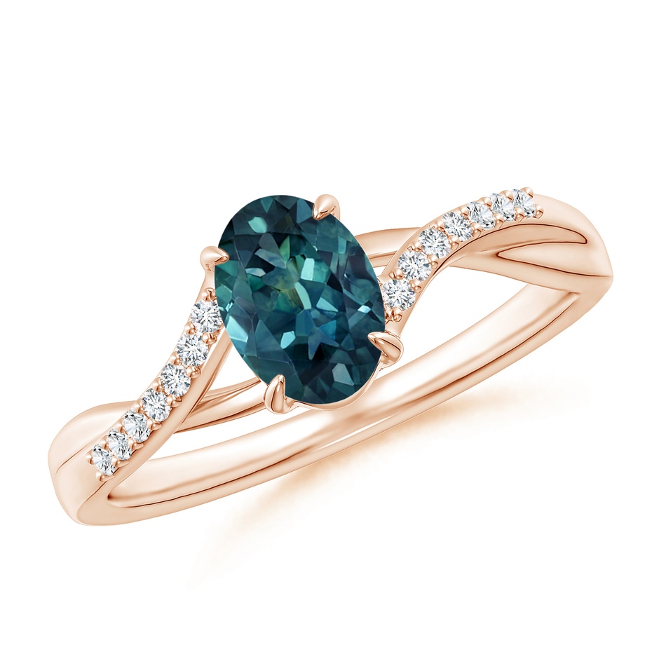 7x5mm AAA Oval Teal Montana Sapphire Split Shank Ring with Diamond Accents in Rose Gold 