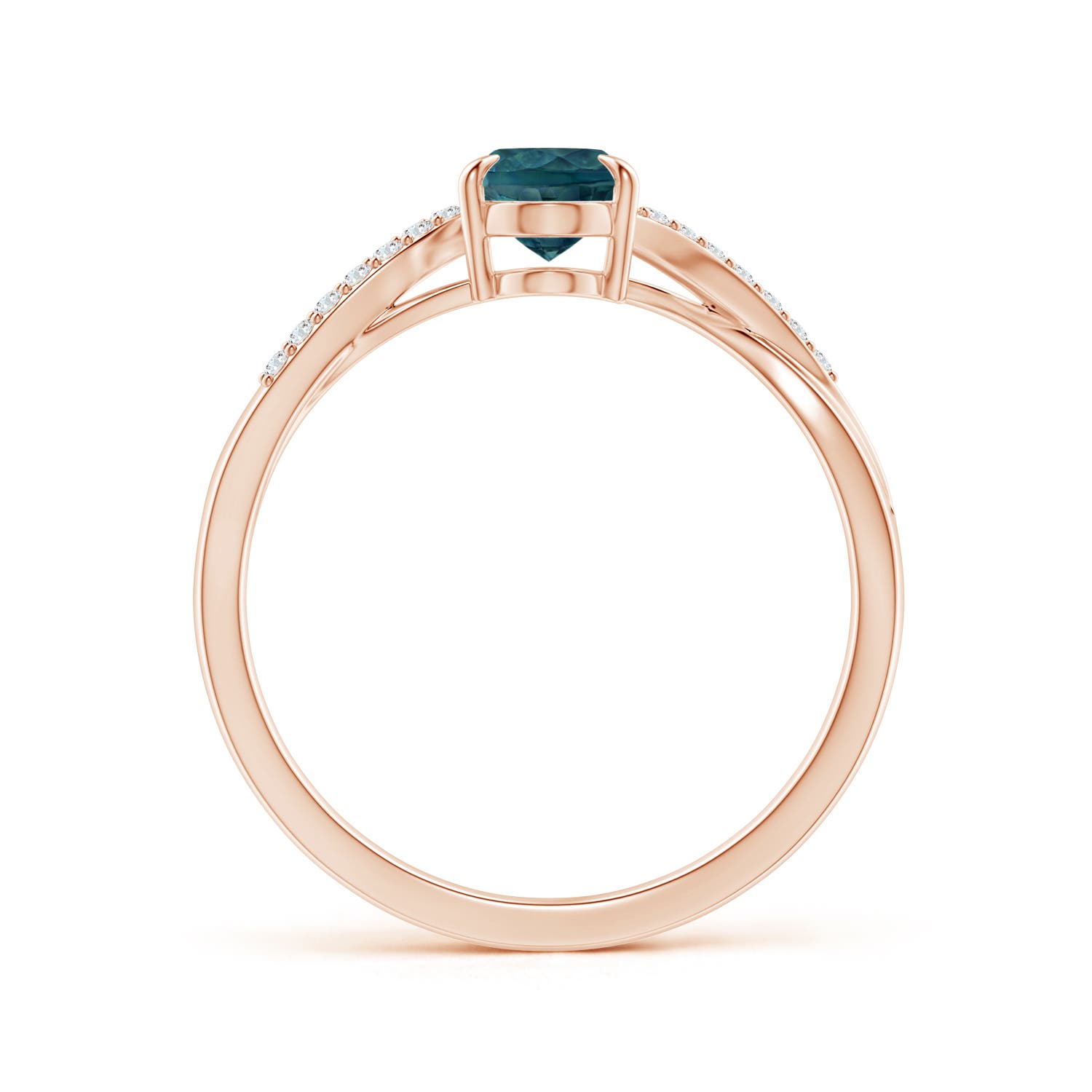7x5mm AAA Oval Teal Montana Sapphire Split Shank Ring with Diamond Accents in Rose Gold