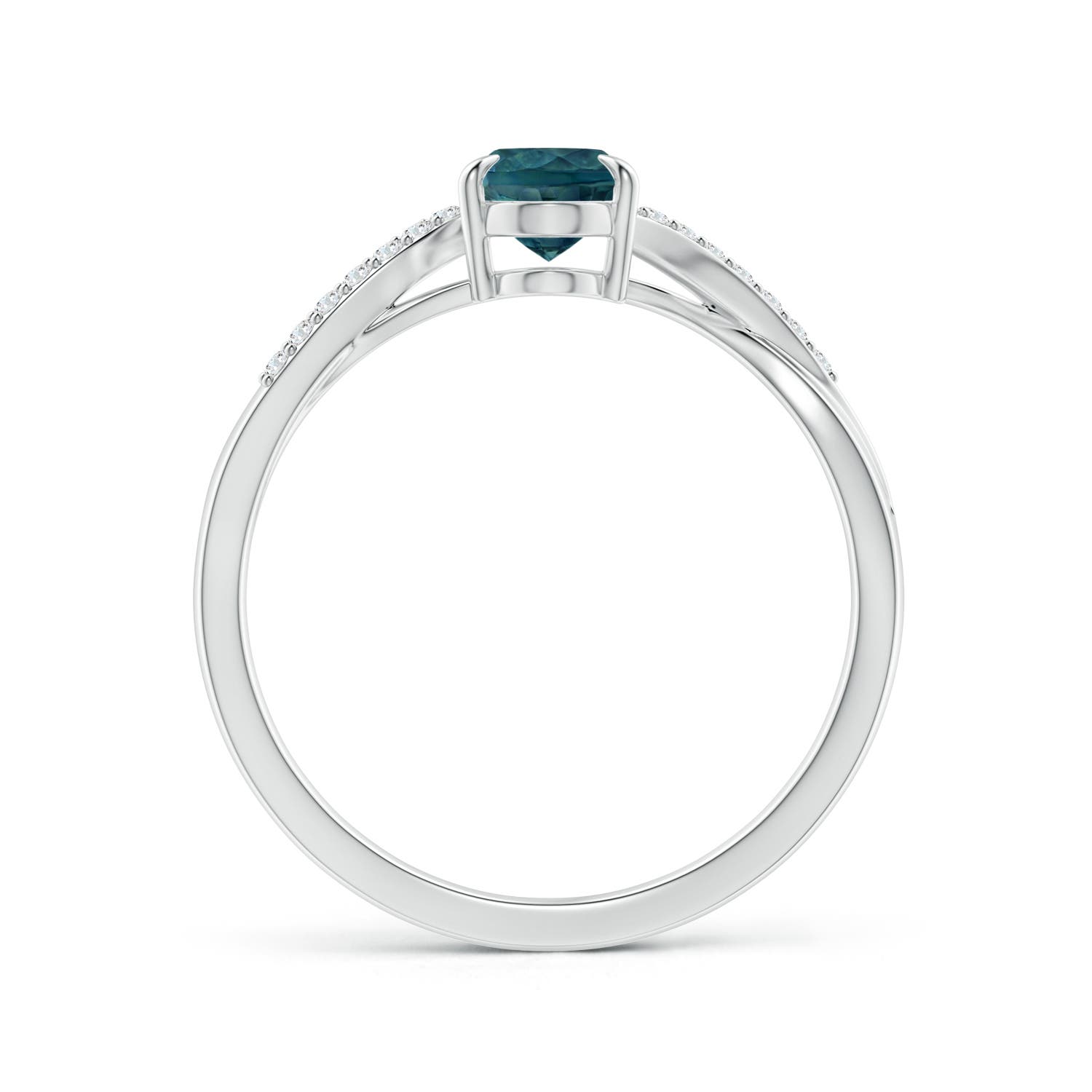 7x5mm AAA Oval Teal Montana Sapphire Split Shank Ring with Diamond Accents in White Gold - side 2