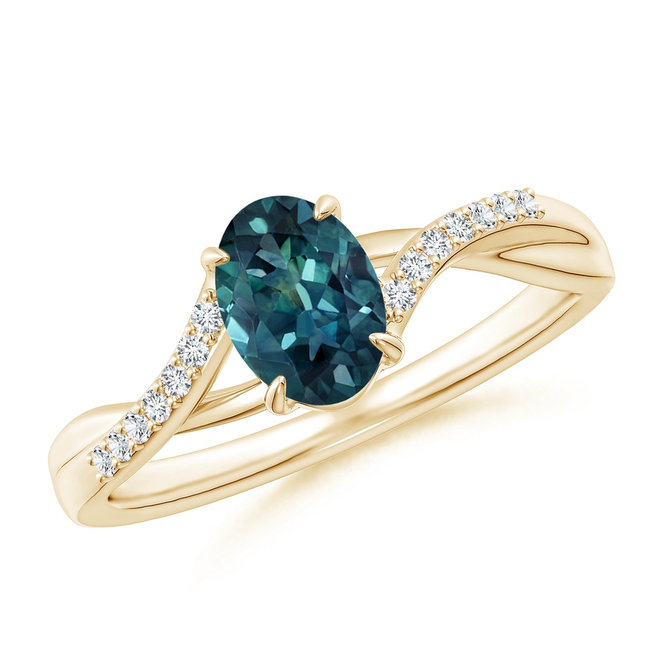 7x5mm AAA Oval Teal Montana Sapphire Split Shank Ring with Diamond Accents in Yellow Gold 