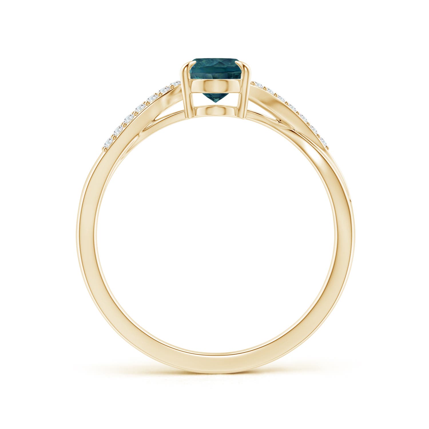 7x5mm AAA Oval Teal Montana Sapphire Split Shank Ring with Diamond Accents in Yellow Gold - side 2