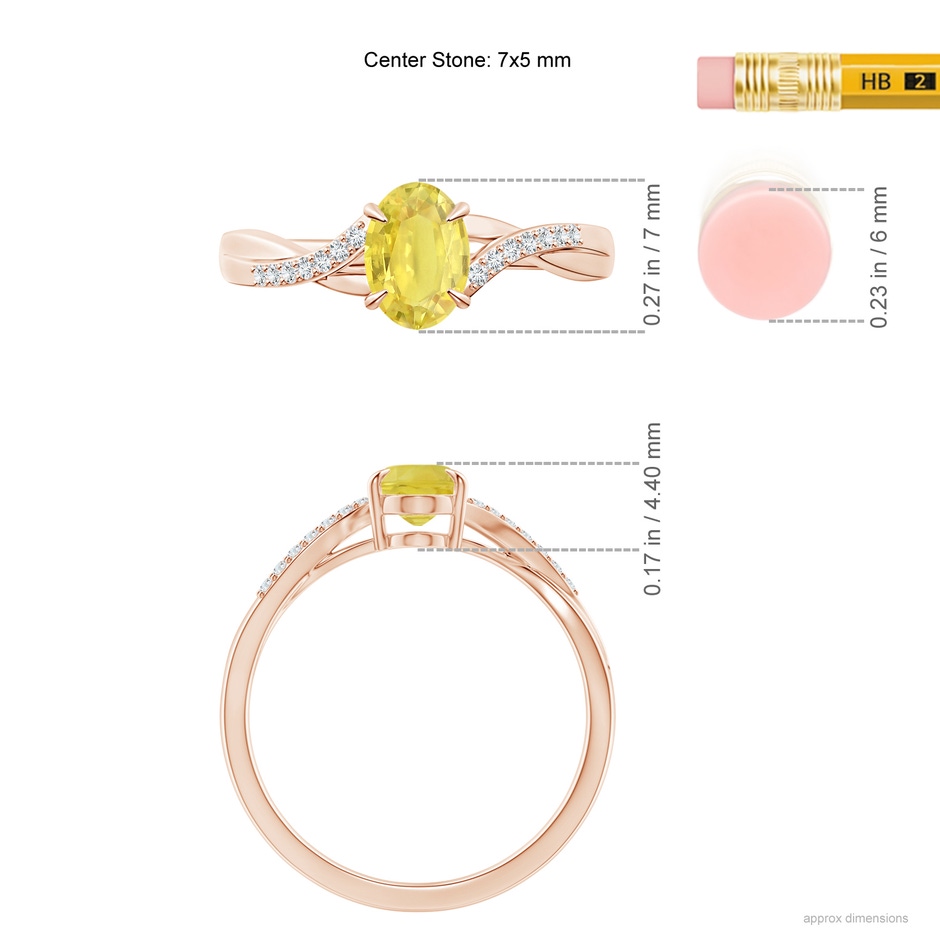7x5mm A Oval Yellow Sapphire Split Shank Ring with Diamond Accents in Rose Gold ruler