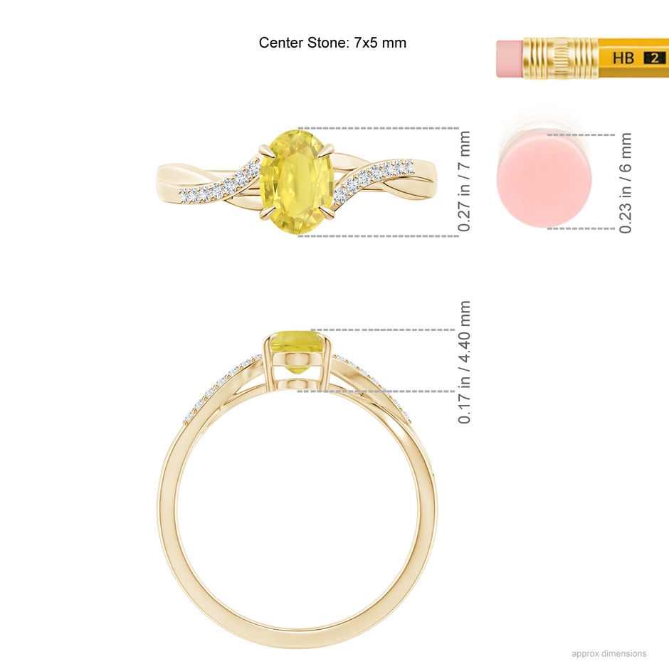 7x5mm A Oval Yellow Sapphire Split Shank Ring with Diamond Accents in Yellow Gold ruler