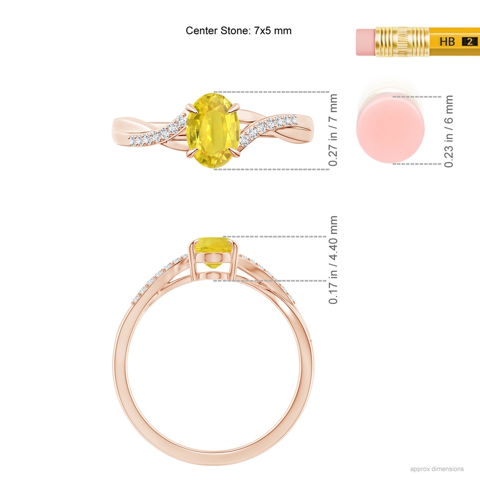 7x5mm AA Oval Yellow Sapphire Split Shank Ring with Diamond Accents in 9K Rose Gold ruler