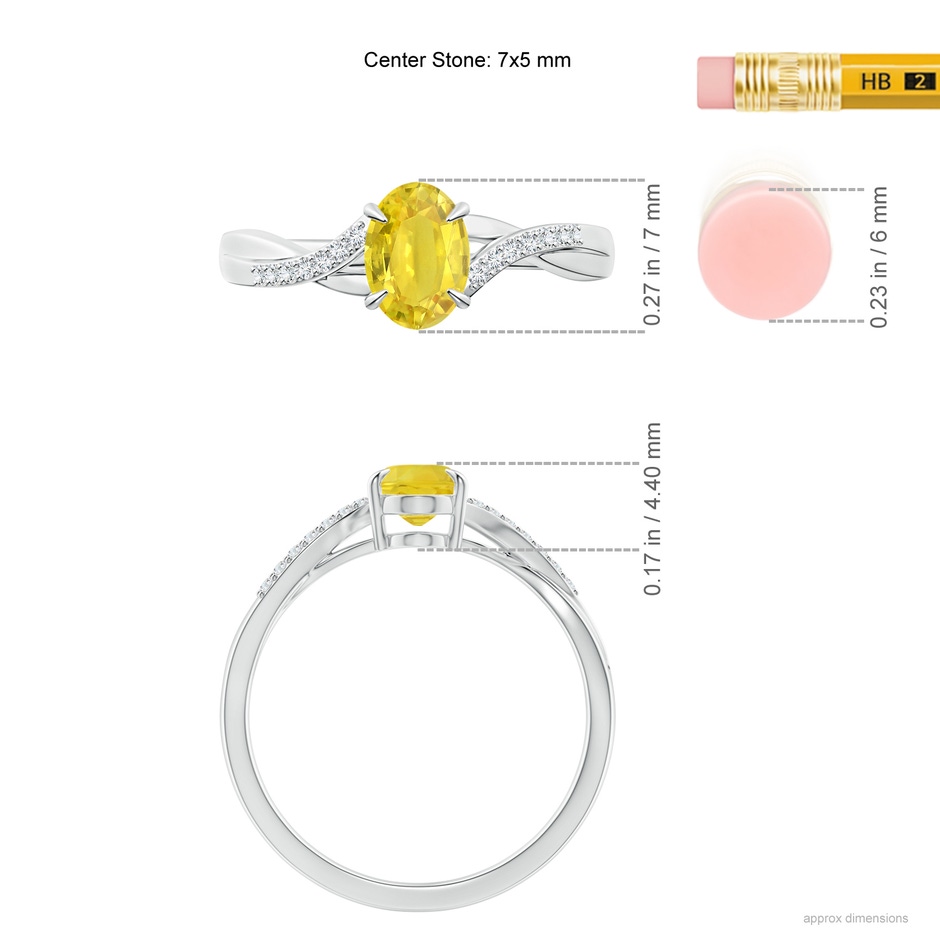 7x5mm AA Oval Yellow Sapphire Split Shank Ring with Diamond Accents in White Gold ruler