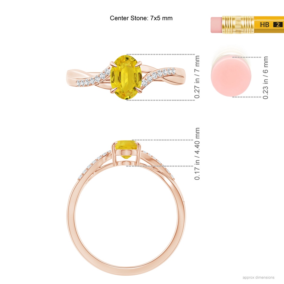 7x5mm AAA Oval Yellow Sapphire Split Shank Ring with Diamond Accents in Rose Gold ruler