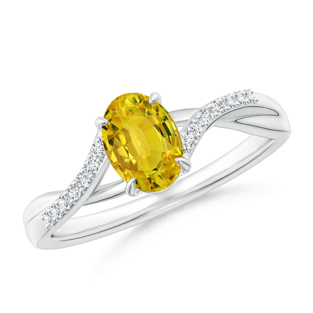 7x5mm AAAA Oval Yellow Sapphire Split Shank Ring with Diamond Accents in 9K White Gold