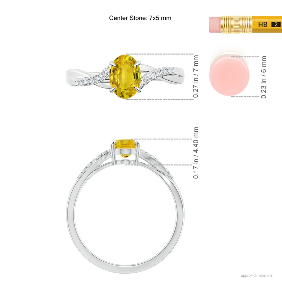 7x5mm AAAA Oval Yellow Sapphire Split Shank Ring with Diamond Accents in 9K White Gold ruler