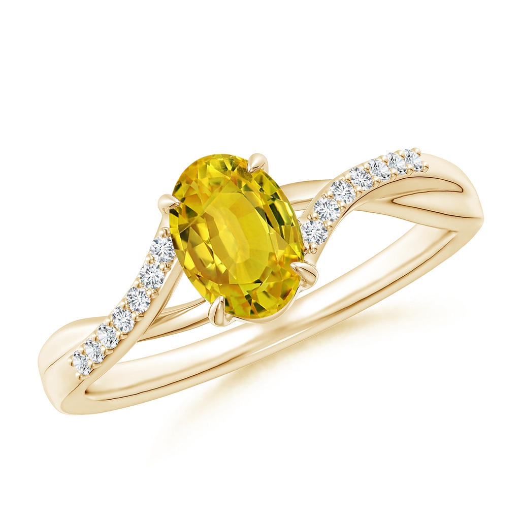 7x5mm AAAA Oval Yellow Sapphire Split Shank Ring with Diamond Accents in Yellow Gold