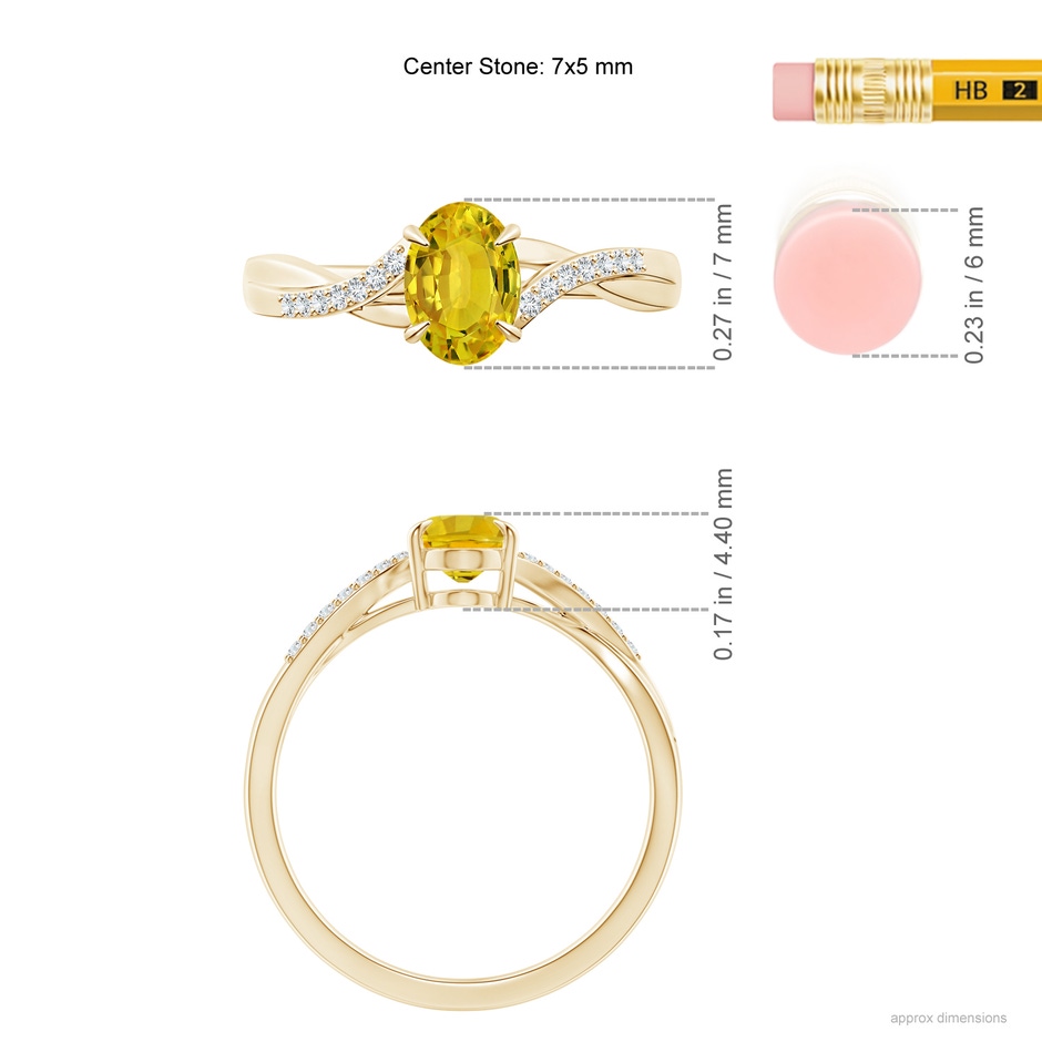 7x5mm AAAA Oval Yellow Sapphire Split Shank Ring with Diamond Accents in Yellow Gold ruler