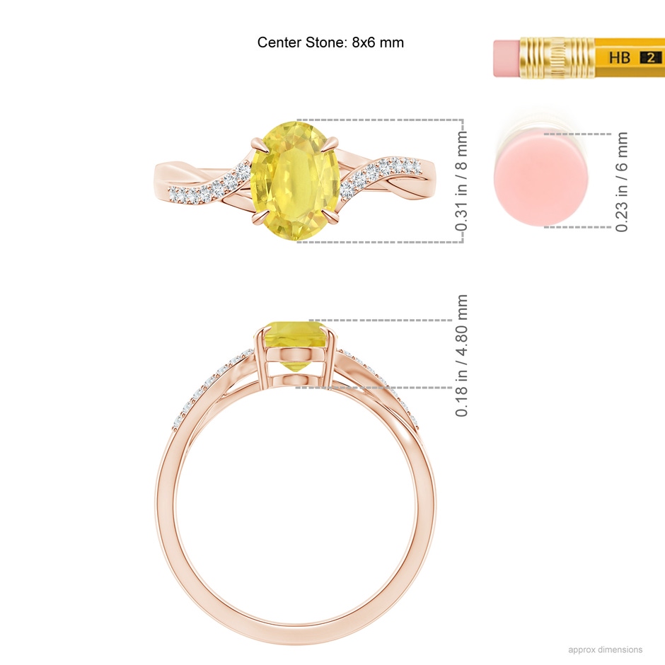 8x6mm A Oval Yellow Sapphire Split Shank Ring with Diamond Accents in Rose Gold ruler