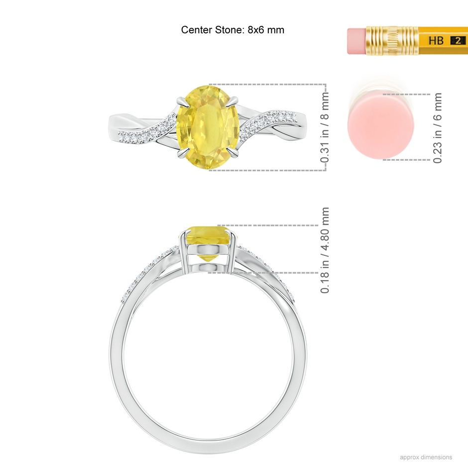 8x6mm A Oval Yellow Sapphire Split Shank Ring with Diamond Accents in White Gold ruler