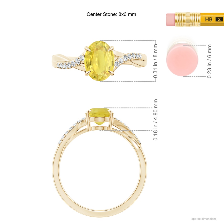 8x6mm A Oval Yellow Sapphire Split Shank Ring with Diamond Accents in Yellow Gold ruler