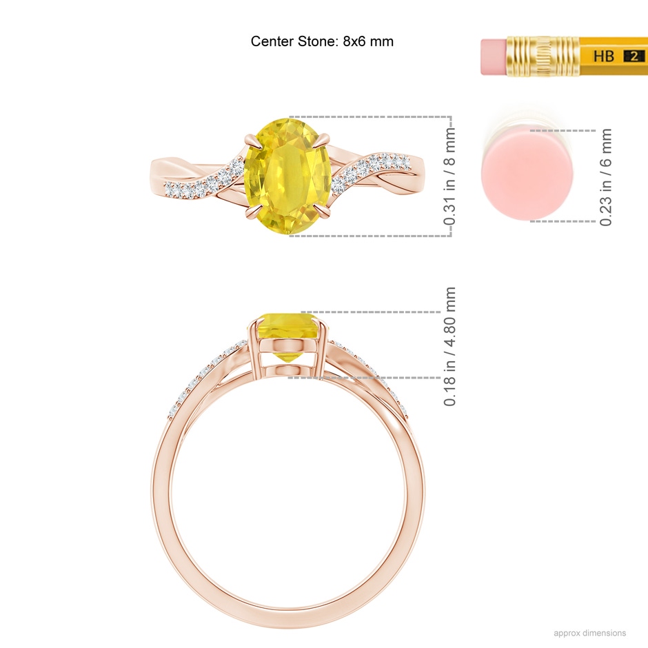 8x6mm AA Oval Yellow Sapphire Split Shank Ring with Diamond Accents in Rose Gold ruler