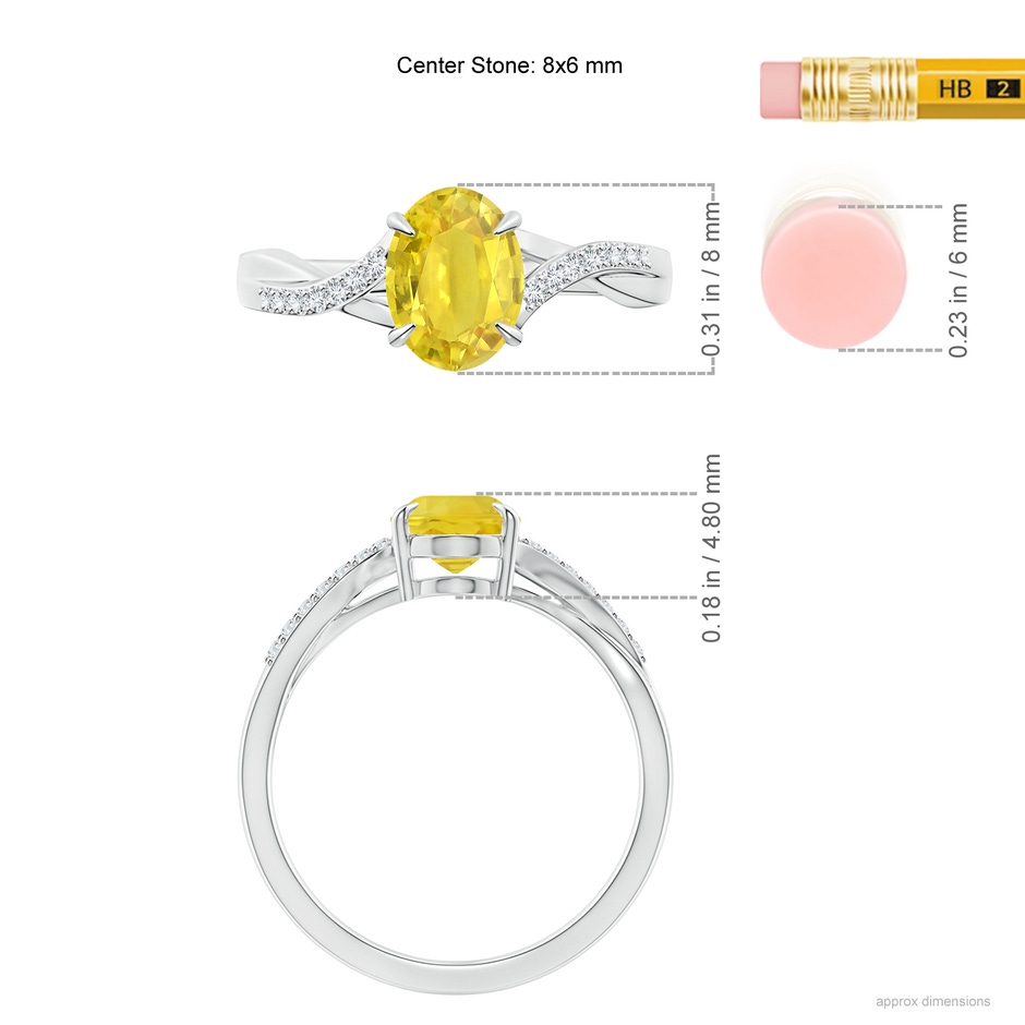 8x6mm AA Oval Yellow Sapphire Split Shank Ring with Diamond Accents in White Gold ruler