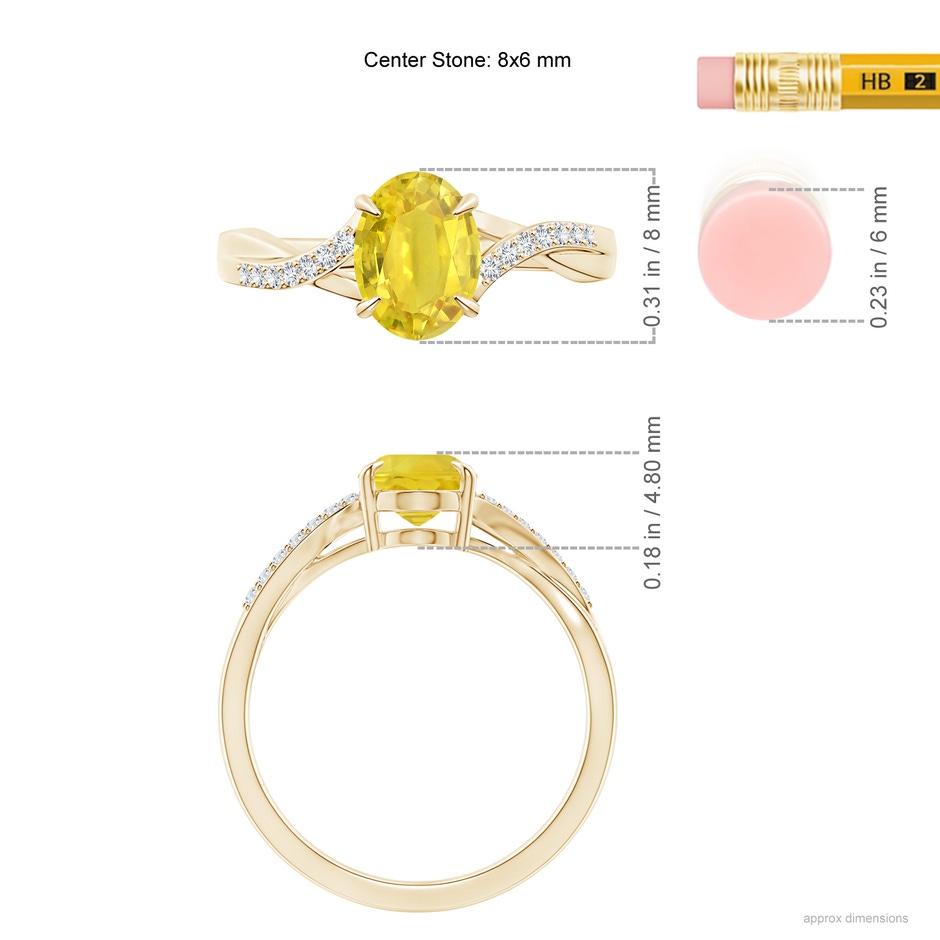 8x6mm AA Oval Yellow Sapphire Split Shank Ring with Diamond Accents in Yellow Gold ruler