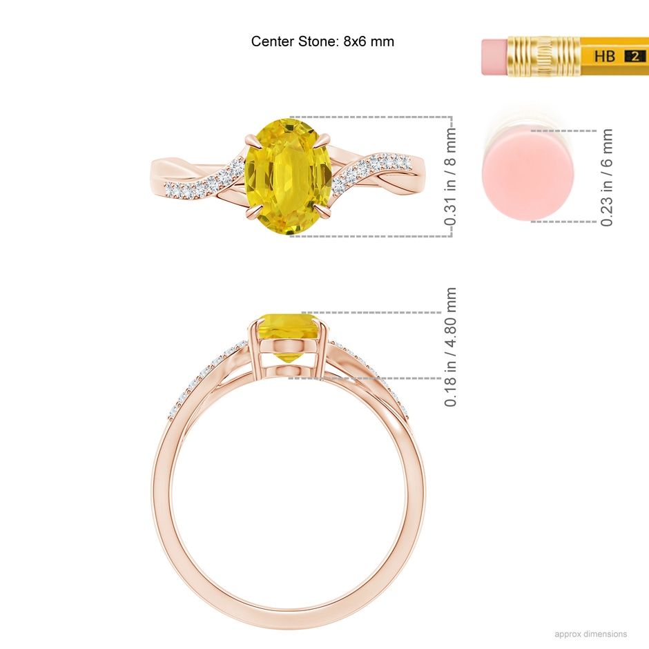 8x6mm AAA Oval Yellow Sapphire Split Shank Ring with Diamond Accents in Rose Gold ruler