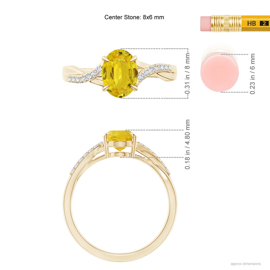 8x6mm AAA Oval Yellow Sapphire Split Shank Ring with Diamond Accents in Yellow Gold ruler