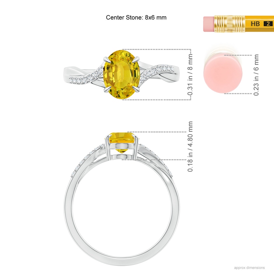 8x6mm AAAA Oval Yellow Sapphire Split Shank Ring with Diamond Accents in White Gold ruler