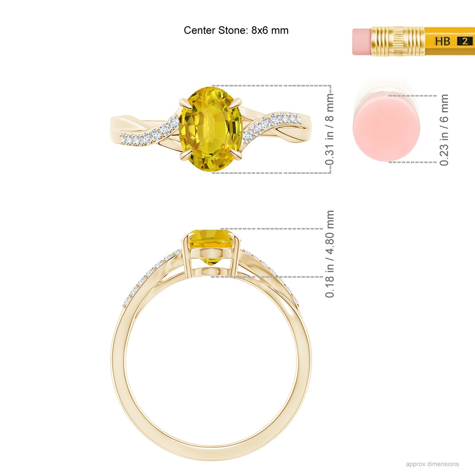 8x6mm AAAA Oval Yellow Sapphire Split Shank Ring with Diamond Accents in Yellow Gold ruler