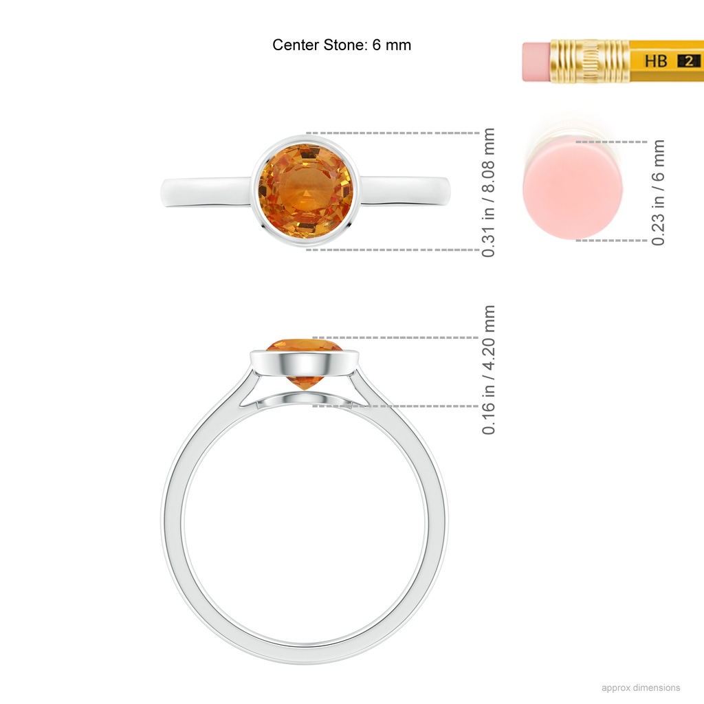 6mm AAA Classic Bezel-Set Round Orange Sapphire Solitaire Ring in White Gold Ruler