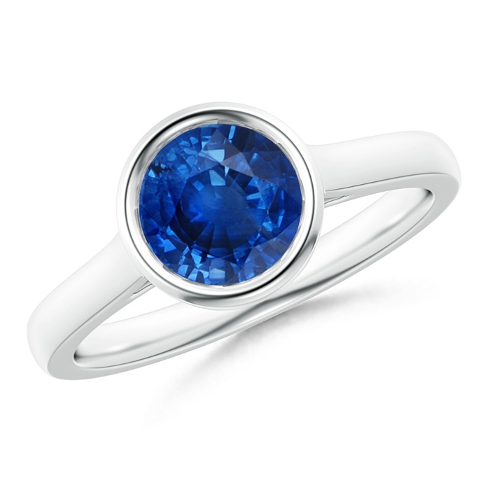 7mm AAA Classic Bezel-Set Round Blue Sapphire Solitaire Ring in White Gold 